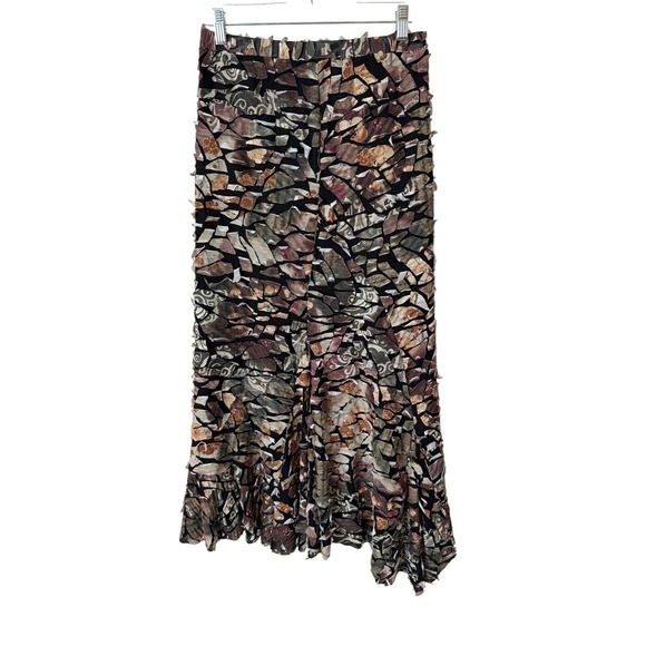 Vintage Dresses & Skirts - Vintage Y2K Mosaic Patchwork Maxi Skirt Asymmetrical Raw Hem Earth Tone Boho